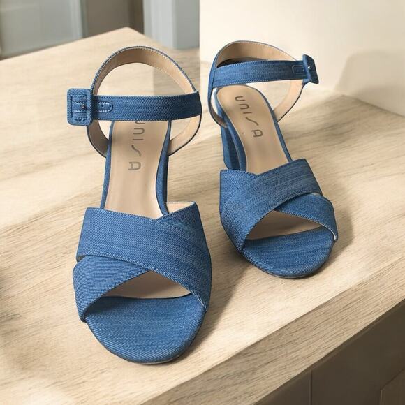 Unisa Shoes - EUC Unisa Denim Ankle Strap Block Heels Size 9